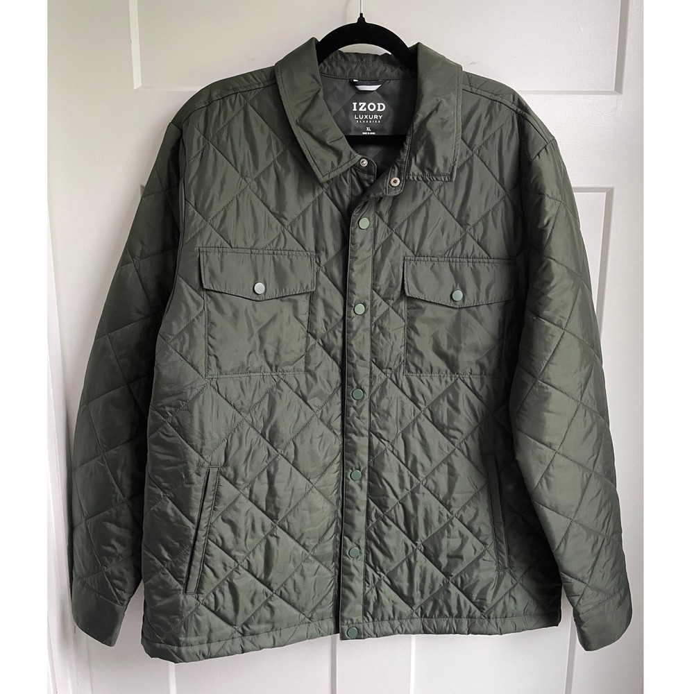 IZOD Quilted Shirt Jacket Men XL Forest Green Shacket Snap Front Utility Layer